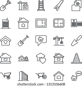 Thin Line Icon Set - border cone vector, office building, trowel, shovel, ladder, wheelbarrow, saw, house, hospital, with tree, plan, estate document, sweet home, city, crane, message