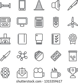 Thin Line Icon Set - border cone vector, notepad, seeds, pills blister, hospital bed, traffic light, shield, video camera, monitor, share, mail, mobile, stopwatch, sertificate, checklist, pen, knife