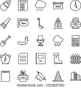 Thin Line Icon Set - border cone vector, calculator, notepad, document, printer, shovel, boot, saw, rain, caterpillar, rca, clock, alarm, copybook, office building, chair, sale, rent, heater, ladle