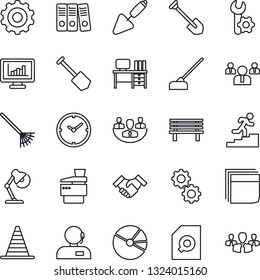 Thin Line Icon Set - border cone vector, gear, team, desk, job, trowel, rake, hoe, bench, root setup, company, clock, monitor statistics, pie graph, document search, blank box, support, paper binder