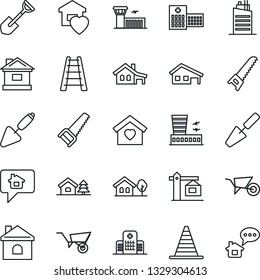 Thin Line Icon Set - border cone vector, airport building, trowel, shovel, ladder, wheelbarrow, saw, house, hospital, with garage, tree, sweet home, city, crane, message