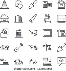 Thin Line Icon Set - border cone vector, airport building, office, trowel, shovel, ladder, wheelbarrow, saw, house, hospital, with garage, tree, plan, estate document, sweet home, city, crane