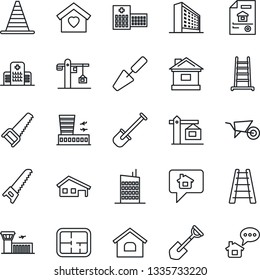 Thin Line Icon Set - border cone vector, airport building, office, trowel, shovel, ladder, wheelbarrow, saw, house, hospital, with garage, plan, estate document, sweet home, city, crane, message