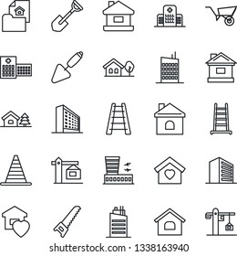 Thin Line Icon Set - border cone vector, airport building, office, trowel, shovel, ladder, wheelbarrow, saw, house, hospital, with tree, estate document, sweet home, city, crane