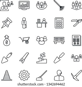 Thin Line Icon Set - border cone vector, gear, team, trowel, rake, wheelbarrow, pruner, saw, hoe, bench, group, company, monitor statistics, drawing pin, hr, calculator, support, manager desk
