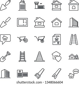 Thin Line Icon Set - border cone vector, airport building, office, trowel, shovel, ladder, wheelbarrow, saw, house, hospital, with tree, plan, estate document, sweet home, city, message