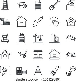 Thin Line Icon Set - border cone vector, airport building, office, trowel, shovel, ladder, wheelbarrow, saw, house, hospital, with garage, tree, plan, estate document, sweet home, city, crane