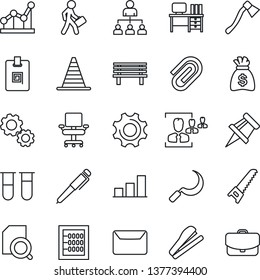 Thin Line Icon Set - border cone vector, hierarchy, desk, money bag, saw, sickle, axe, bench, blood test vial, settings, drawing pin, paper clip, bar graph, document search, identity card, hr, point