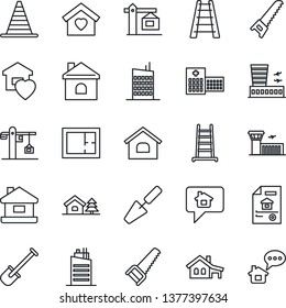 Thin Line Icon Set - border cone vector, airport building, trowel, shovel, ladder, saw, house, hospital, with garage, tree, plan, estate document, sweet home, city, crane, message