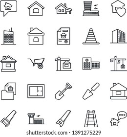 Thin Line Icon Set - border cone vector, airport building, office, trowel, shovel, ladder, wheelbarrow, saw, house, hospital, with garage, plan, estate document, sweet home, city, crane, message