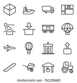 Thin line icon set : box, sea shipping, consolidated cargo, sun potection, package, railroad, parachute delivery, plane, air ballon, detector, baggage, stairs, wheelbarrow, warehouse, tractor