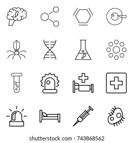 thin line icon set : brain, molecule, hex, cell corection, virus, dna, flask, round around, vial, alarm, hospital, first aid, bed, syringe, microb