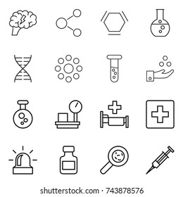 thin line icon set : brain, molecule, hex, round flask, dna, around, vial, chemical industry, warehouse scales, hospital, first aid, alarm, pills bottle, viruses, syringe