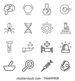 thin line icon set : brain, hex molecule, round flask, cell corection, virus, dna, around, microscope, vial, chemical industry, hospital, alarm, mortar, viruses, syringe, microb