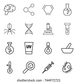 thin line icon set : brain, molecule, hex, round flask, virus, dna, microscope, vial, chemical, uv cream, thermometer, mortar, viruses, syringe, microb