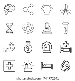 thin line icon set : brain, molecule, hex, virus, dna, round around, microscope, vial, chemical industry, alarm, hospital, first aid, bed, microb
