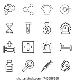 thin line icon set : brain, molecule, hex, cell corection, dna, vial, chemical, alarm, hospital, first aid, bed, pills bottle, viruses, syringe, microb