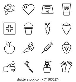 thin line icon set : brain, heart, heavy, uv cream, first aid, bucket, carrot, berry, apple, hand leaf, syringe, strawberry, drop, tooth brush, liquid soap, gloves