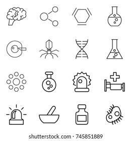 thin line icon set : brain, molecule, hex, round flask, cell corection, virus, dna, around, chemical, alarm, hospital, mortar, pills bottle, microb