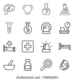 thin line icon set : brain, hex molecule, round flask, microscope, vial, chemical, alarm, warehouse scales, hospital, first aid, bed, mortar, pills bottle, viruses, microb
