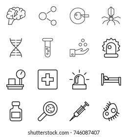 thin line icon set : brain, molecule, cell corection, virus, dna, vial, chemical industry, alarm, warehouse scales, first aid, bed, pills bottle, viruses, syringe, microb