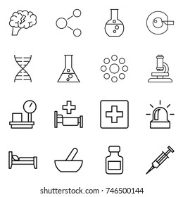 thin line icon set : brain, molecule, round flask, cell corection, dna, around, microscope, warehouse scales, hospital, first aid, alarm, bed, mortar, pills bottle, syringe