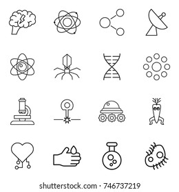 thin line icon set : brain, atom, molecule, satellite antenna, virus, dna, round around, microscope, laser, lunar rover, modify, cardio chip, acid, chemical, microb