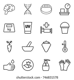 thin line icon set : brain, dna, smart bracelet, warehouse scales, heavy, uv cream, hospital, bucket, carrot, mortar, berry, thermometer, hand drop, ecology, liquid soap, gloves