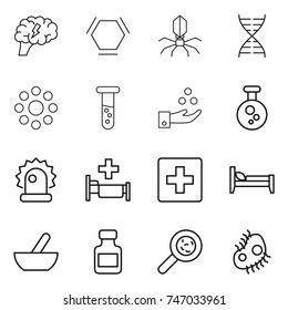 thin line icon set : brain, hex molecule, virus, dna, round around, vial, chemical industry, alarm, hospital, first aid, bed, mortar, pills bottle, viruses, microb