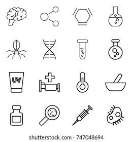 thin line icon set : brain, molecule, hex, round flask, virus, dna, vial, chemical, uv cream, hospital, thermometer, mortar, pills bottle, viruses, syringe, microb
