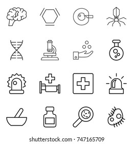 thin line icon set : brain, hex molecule, cell corection, virus, dna, microscope, chemical industry, alarm, hospital, first aid, mortar, pills bottle, viruses, microb