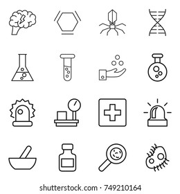 thin line icon set : brain, hex molecule, virus, dna, flask, vial, chemical industry, alarm, warehouse scales, first aid, mortar, pills bottle, viruses, microb