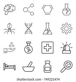 thin line icon set : brain, molecule, hex, round flask, virus, dna, around, chemical industry, first aid, alarm, bed, mortar, pills bottle, viruses
