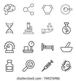 thin line icon set : brain, molecule, hex, cell corection, dna, microscope, chemical industry, alarm, warehouse scales, bed, mortar, pills bottle, viruses, syringe, microb