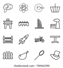 thin line icon set : brain, atom, cell corection, basket, arch, bridge, skyscraper, factory, gothic architecture, rocket, motorcycle, table, fence, chicken leg, duster, floor washing
