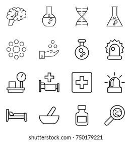 thin line icon set : brain, round flask, dna, around, chemical industry, alarm, warehouse scales, hospital, first aid, bed, mortar, pills bottle, viruses
