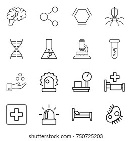 thin line icon set : brain, molecule, hex, virus, dna, flask, microscope, vial, chemical industry, alarm, warehouse scales, hospital, first aid, bed, microb