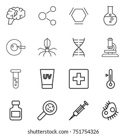 thin line icon set : brain, molecule, hex, round flask, cell corection, virus, dna, microscope, vial, uv cream, first aid, thermometer, pills bottle, viruses, syringe, microb