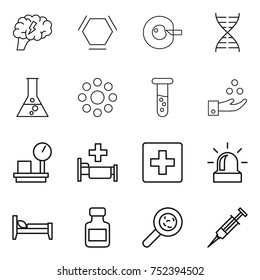 thin line icon set : brain, hex molecule, cell corection, dna, flask, round around, vial, chemical industry, warehouse scales, hospital, first aid, alarm, bed, pills bottle, viruses, syringe