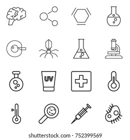 thin line icon set : brain, molecule, hex, round flask, cell corection, virus, microscope, chemical, uv cream, first aid, thermometer, viruses, syringe, microb