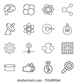 thin line icon set : brain, atom core, molecule, satellite antenna, cell corection, rocket, round around, laser, quantum bond, cpu, electrostatic, acid, chemical, viruses