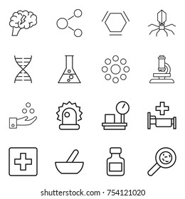 thin line icon set : brain, molecule, hex, virus, dna, flask, round around, microscope, chemical industry, alarm, warehouse scales, hospital, first aid, mortar, pills bottle, viruses