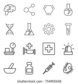 thin line icon set : brain, molecule, hex, round flask, dna, around, vial, warehouse scales, hospital, first aid, alarm, mortar, pills bottle, syringe, microb