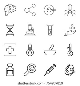 thin line icon set : brain, molecule, cell corection, virus, dna, microscope, vial, chemical industry, first aid, thermometer, mortar, pills bottle, viruses, syringe, microb