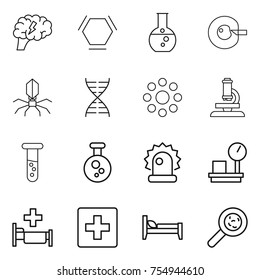 thin line icon set : brain, hex molecule, round flask, cell corection, virus, dna, around, microscope, vial, chemical, alarm, warehouse scales, hospital, first aid, bed, viruses