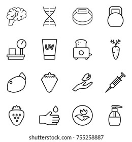 thin line icon set : brain, dna, smart bracelet, heavy, warehouse scales, uv cream, toaster, carrot, lemon, berry, hand leaf, syringe, strawberry, drop, ecology, liquid soap