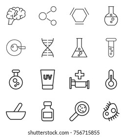 thin line icon set : brain, molecule, hex, round flask, cell corection, dna, vial, chemical, uv cream, hospital, thermometer, mortar, pills bottle, viruses, microb