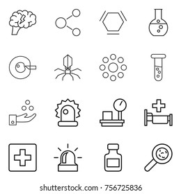 Thin line icon set : brain, molecule, hex, round flask, cell corection, virus, around, vial, chemical industry, alarm, warehouse scales, hospital, first aid, pills bottle, viruses