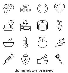 Thin line icon set : brain, bio, smart bracelet, heart, warehouse scales, hospital, pancakes, carrot, mortar, thermometer, apple, hand leaf, syringe, strawberry, drop, tooth brush