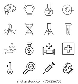 Thin line icon set : brain, hex molecule, round flask, cell corection, virus, dna, vial, chemical industry, hospital, first aid, thermometer, viruses, syringe, microb